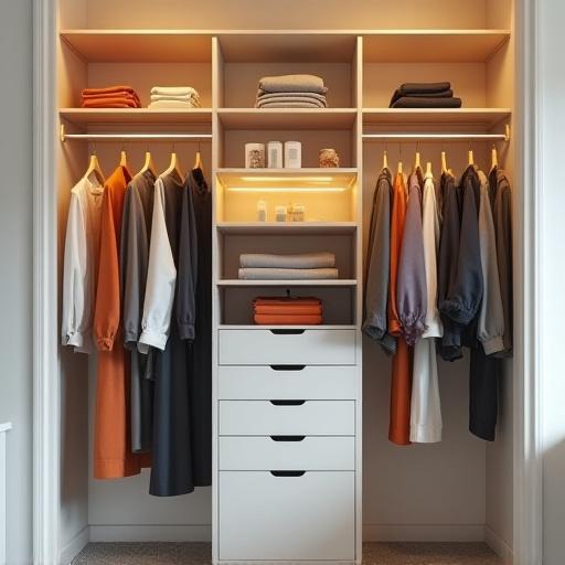 tidy bedroom closet with color coordinated hanging clothes