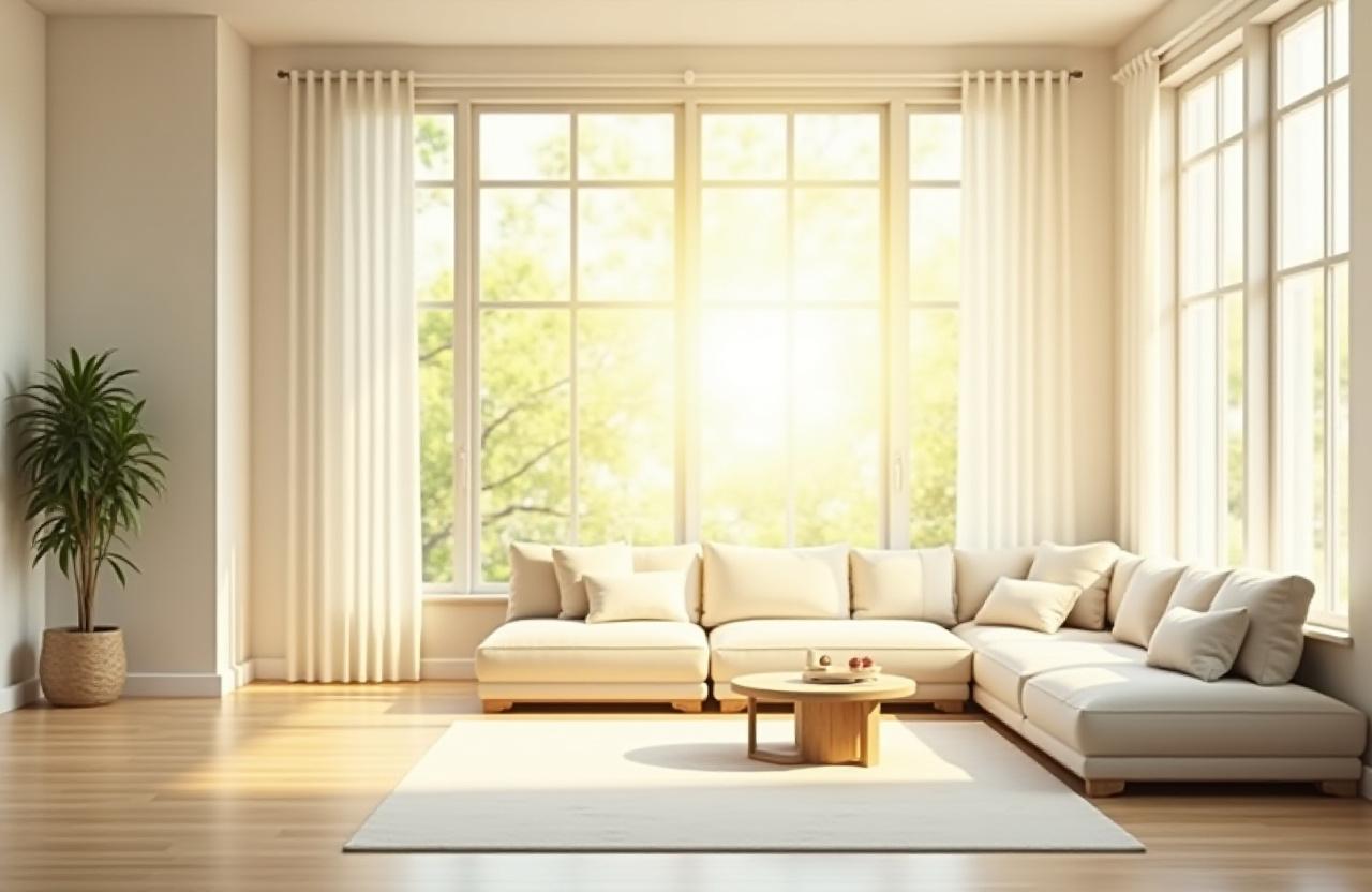 Bright, spotless living room with Florida sunlight streaming through windows