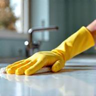 Hand scrubbing a kitchen counter, symbolizing deep cleaning