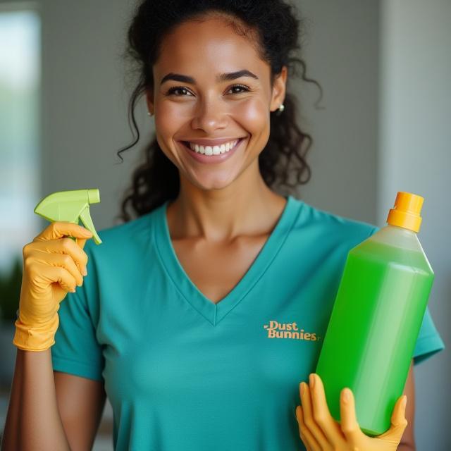 Dust Bunnies team member holding eco-friendly cleaning supplies smiling